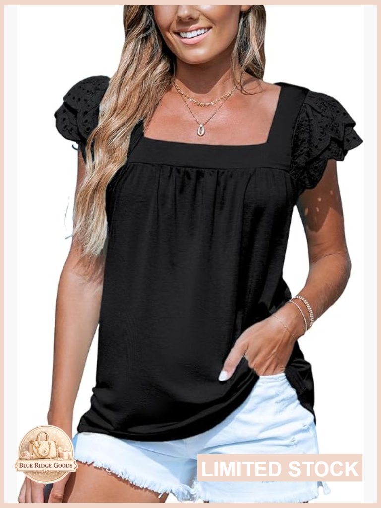 Lace Sleeve Blouse Square Neck Flutter Sleeve Tee Chic Casual Dressy Top